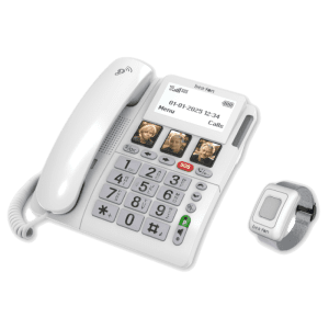 seniorvenlig mobiltelefon i fastnetdesign med hurtigtast og sos funktion