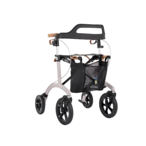 Saljol Allround rollator i Pearl Grey - leveres med rygstøtte, kurv og stokkeholder.