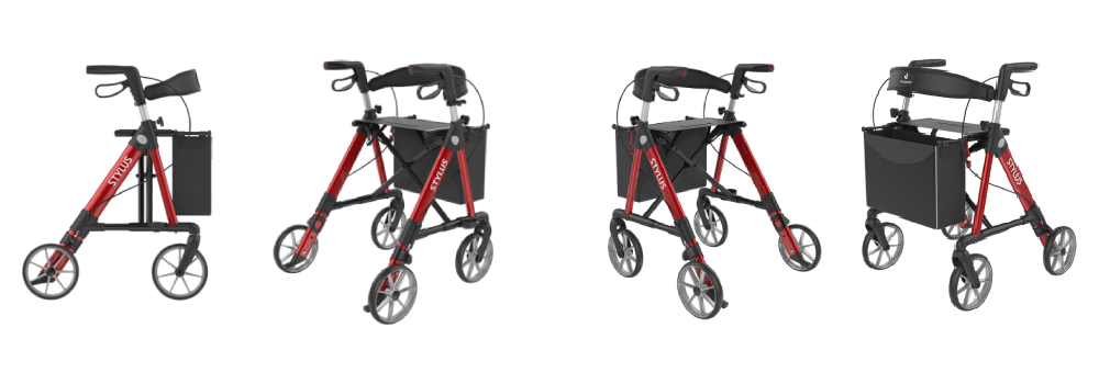 Stylus rollator från flera vinklar – levereras med ryggstöd