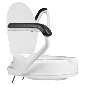 Toiletforhøjer med armlæn og låg. Monteres gennem kummen. Gør det sikkert og nemt at rejse sig.