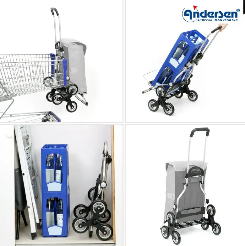 Trapptrolley med 6-hjulssystem, visad på trappor, som shoppingvagn och hopfälld