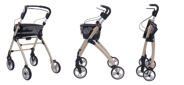 Jaguar Supreme-rollator i champagnefärg – visas från flera vinklar med korg och bricka